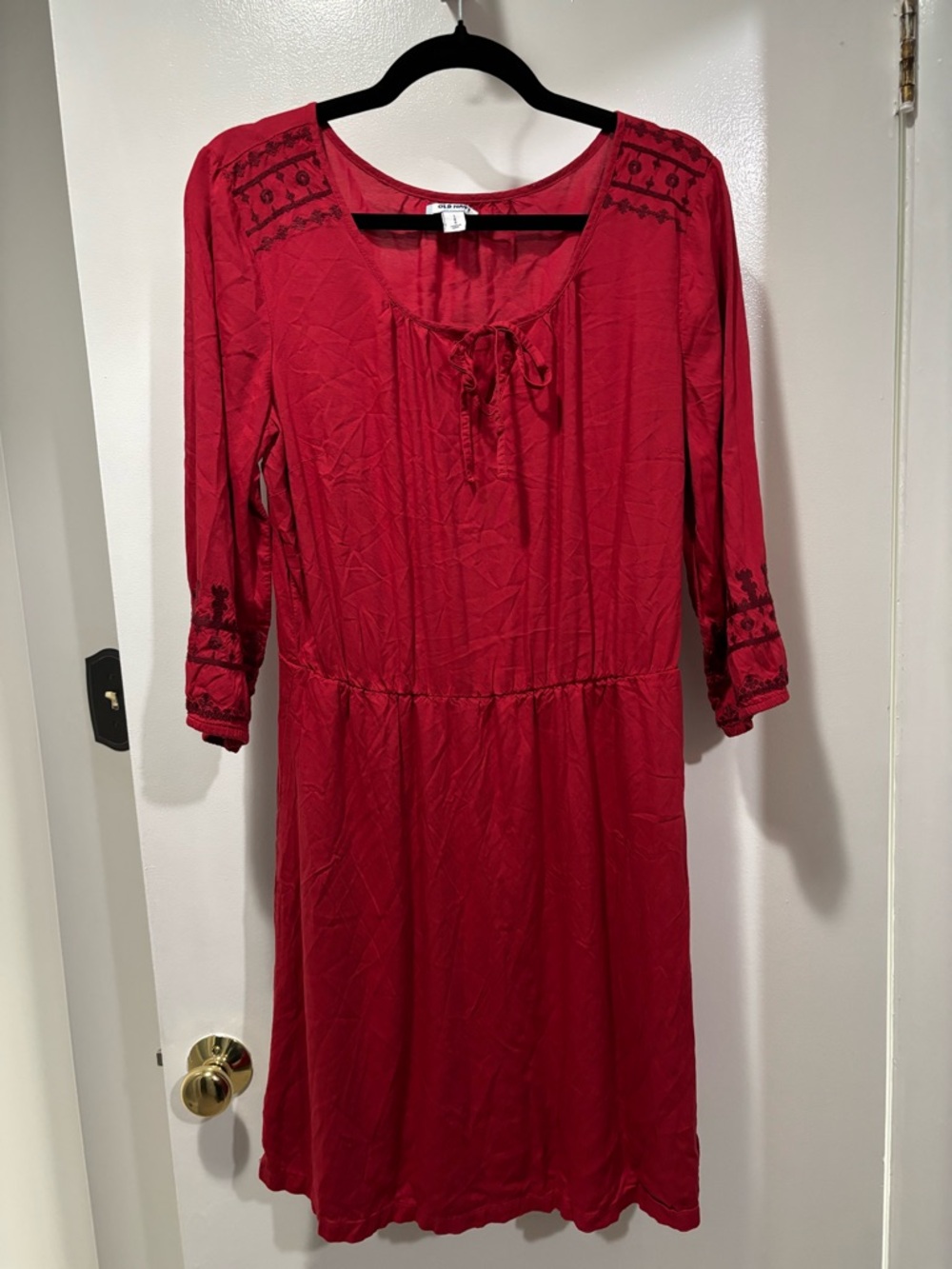 Old Navy Red Embroidered Tie-Front Long Sleeve Dress Large